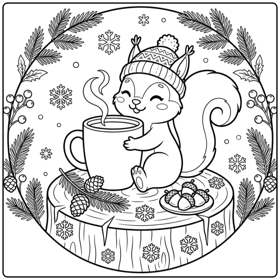 Schattige kleurplaat eekhoorn met muts en warme mok.