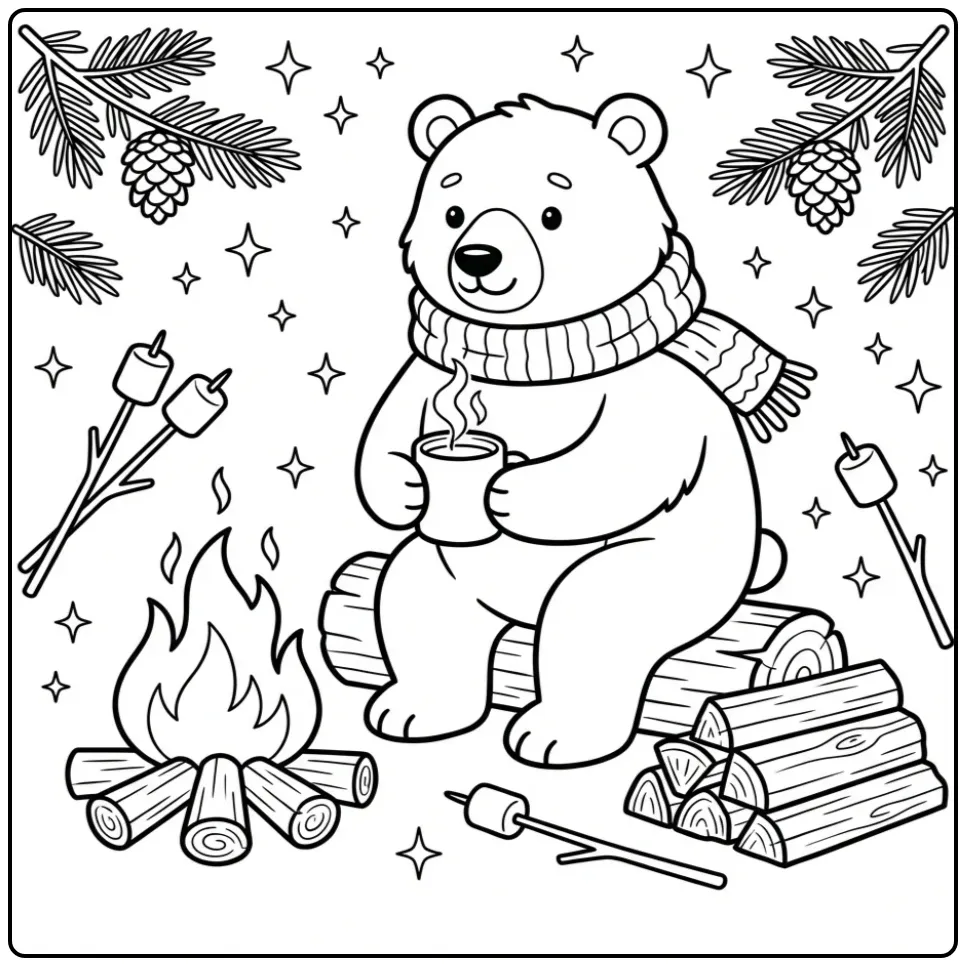 Gezellige kleurplaat beer schattig bij een kampvuur met sjaal.