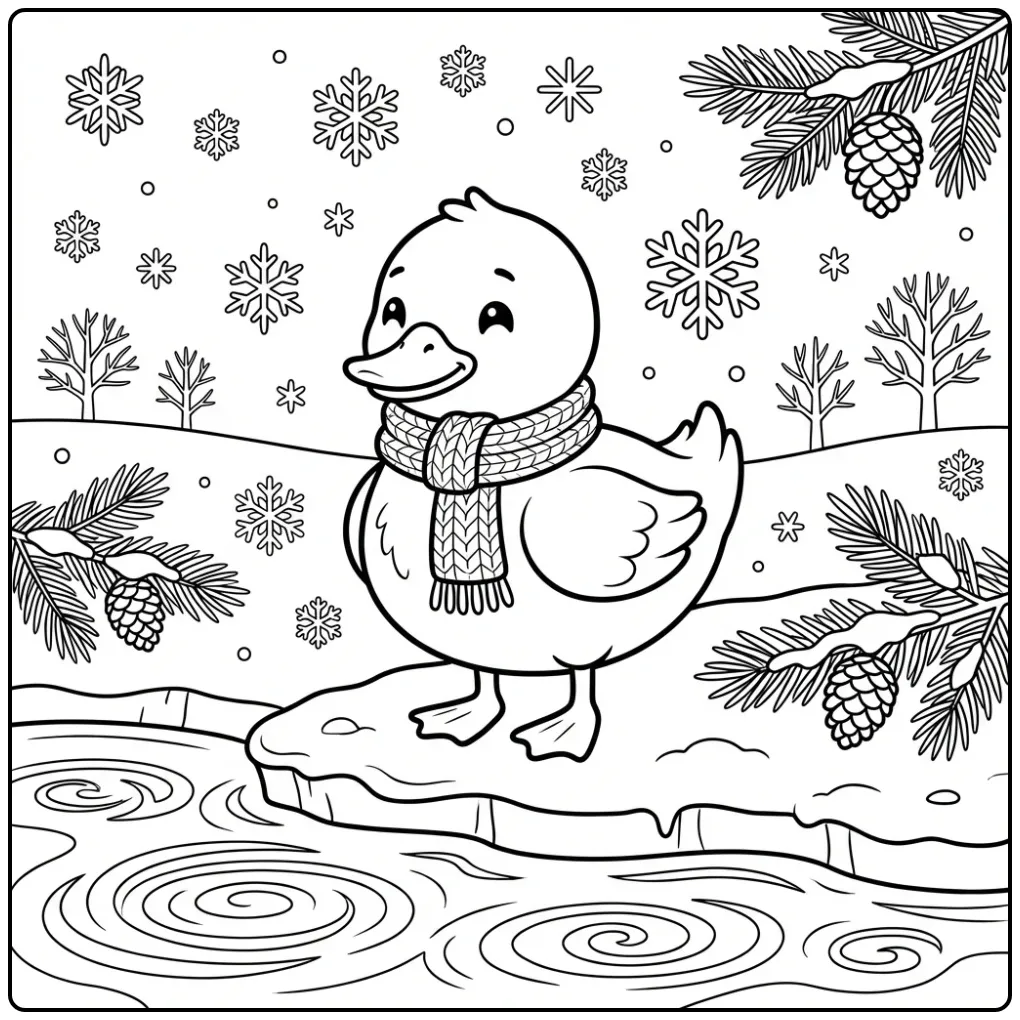 Kleurplaat eend met sjaal op een bevroren vijver in de winter.
