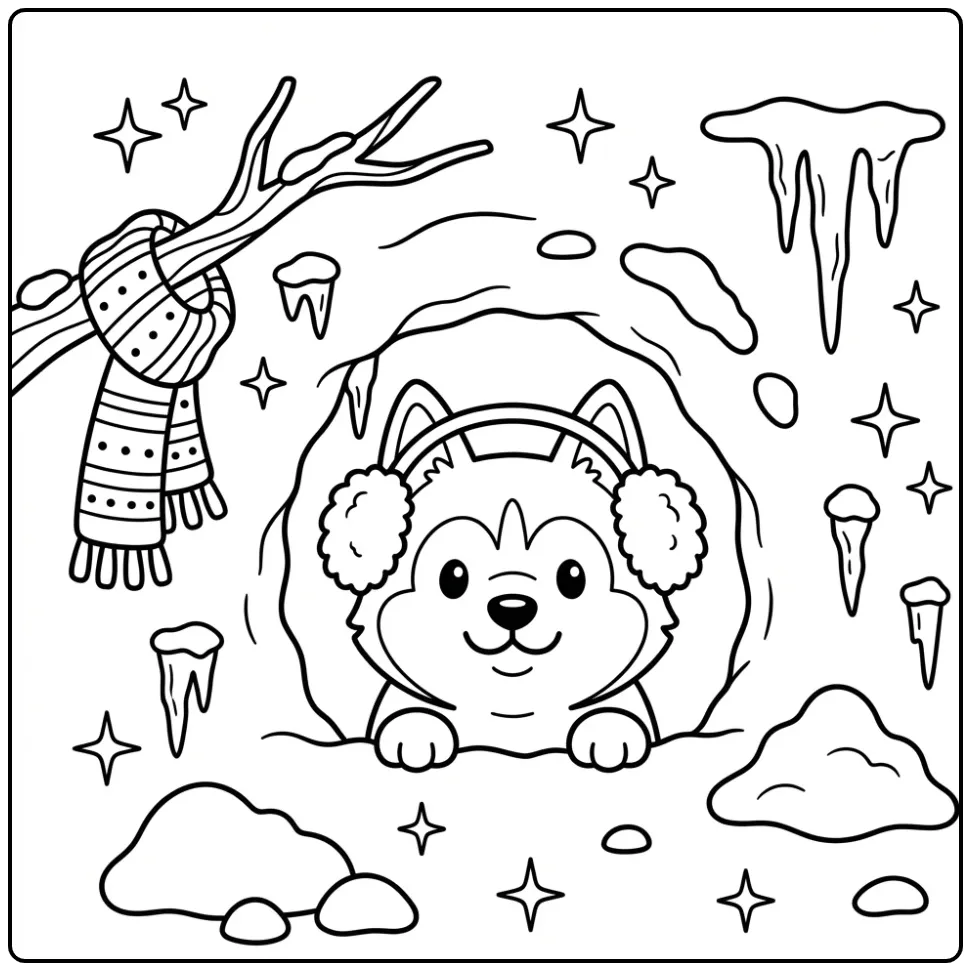 Schattige kleurplaat husky met oorkwarmers in de sneeuw.