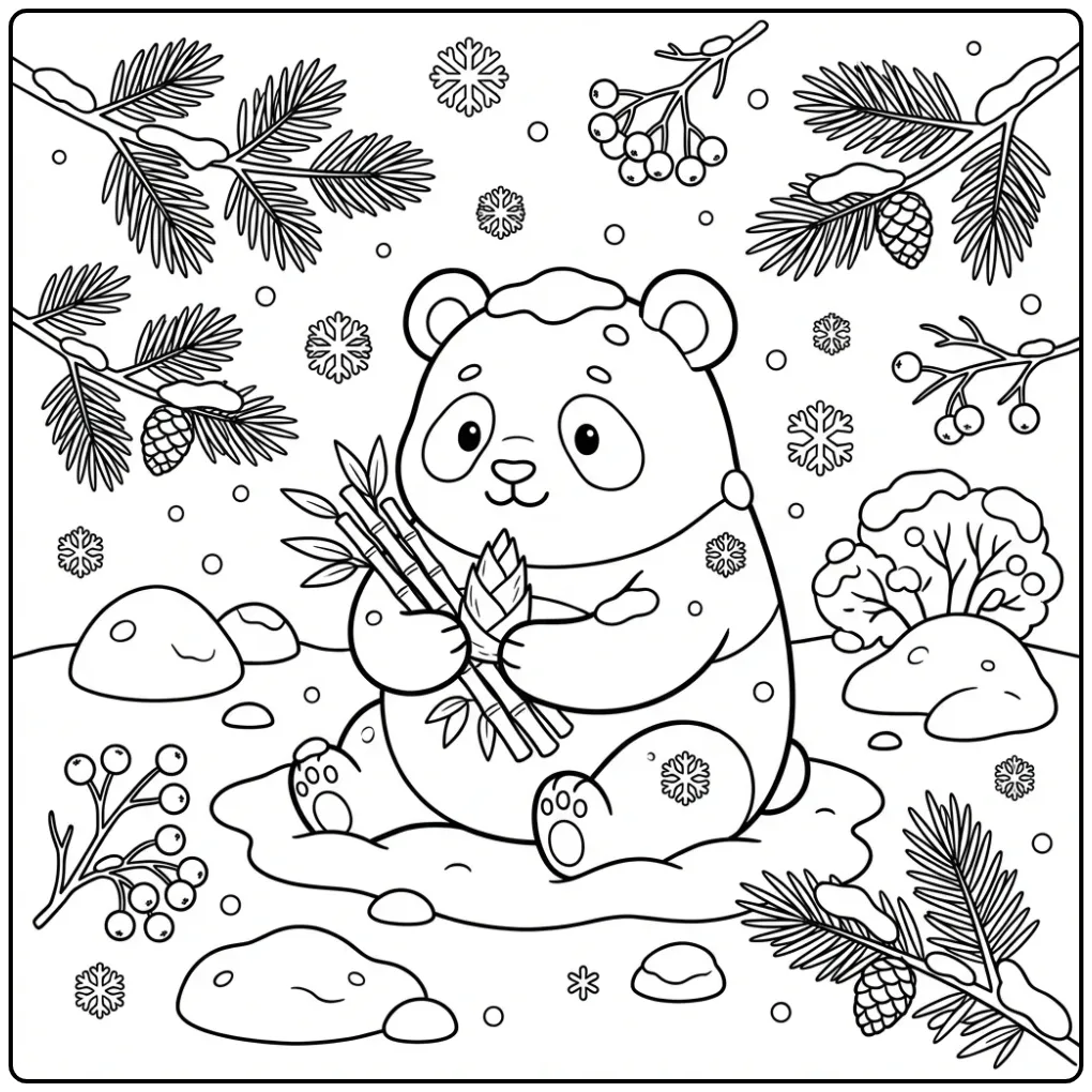 Schattige kleurplaat panda eet bamboe in de sneeuw.