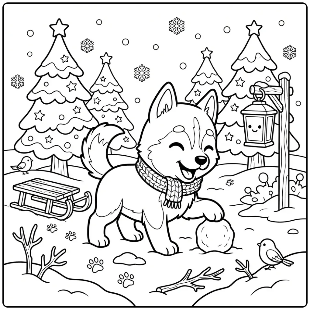 Husky kleurplaat puppy met sjaal en slee in de sneeuw