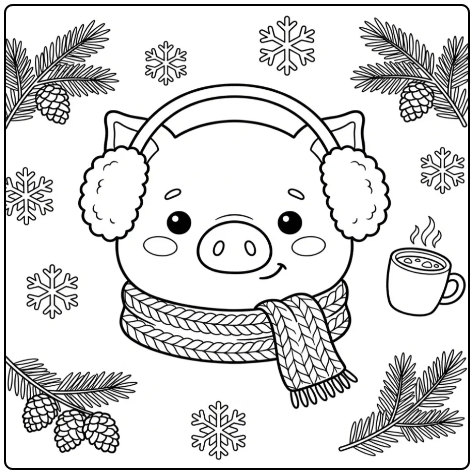 Schattige kleurplaat varken hoofd met sjaal en warme choco.