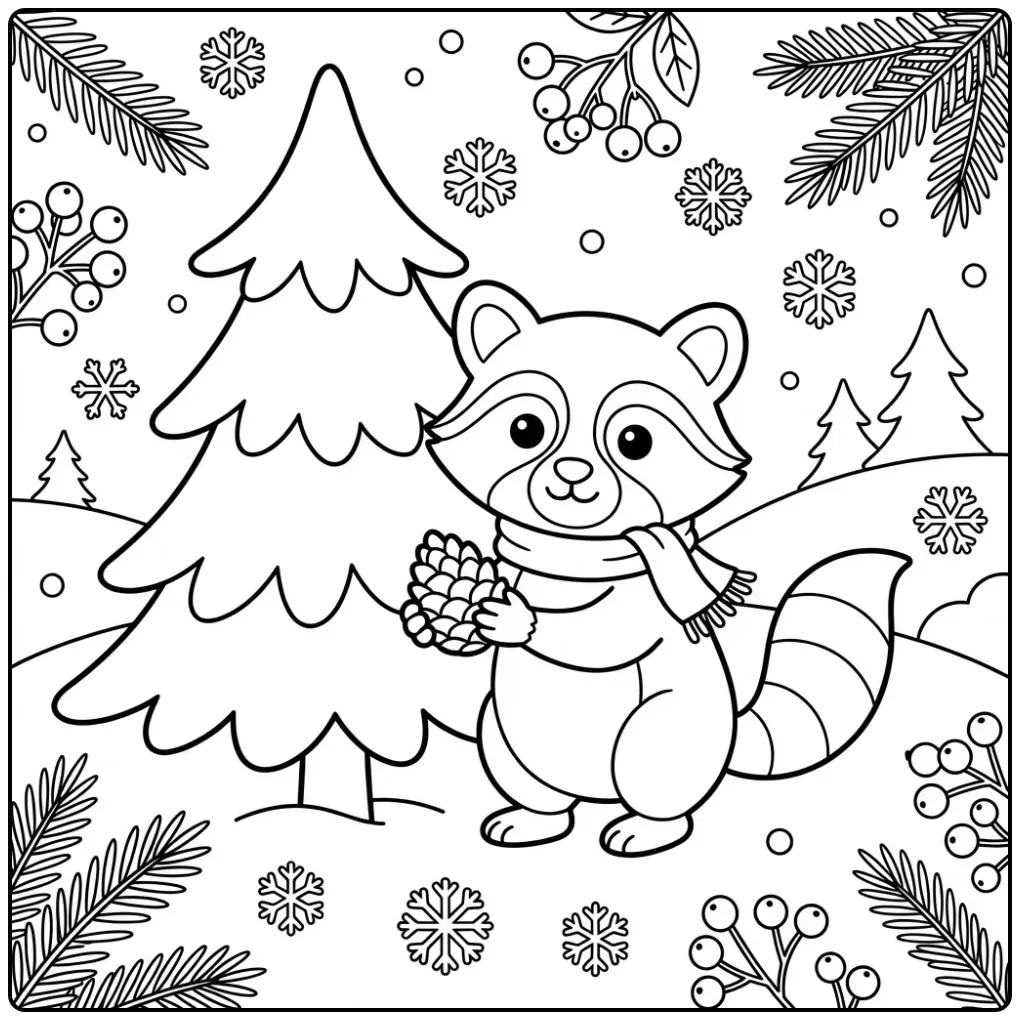Schattige kleurplaat wasbeer met dennenappel in de sneeuw