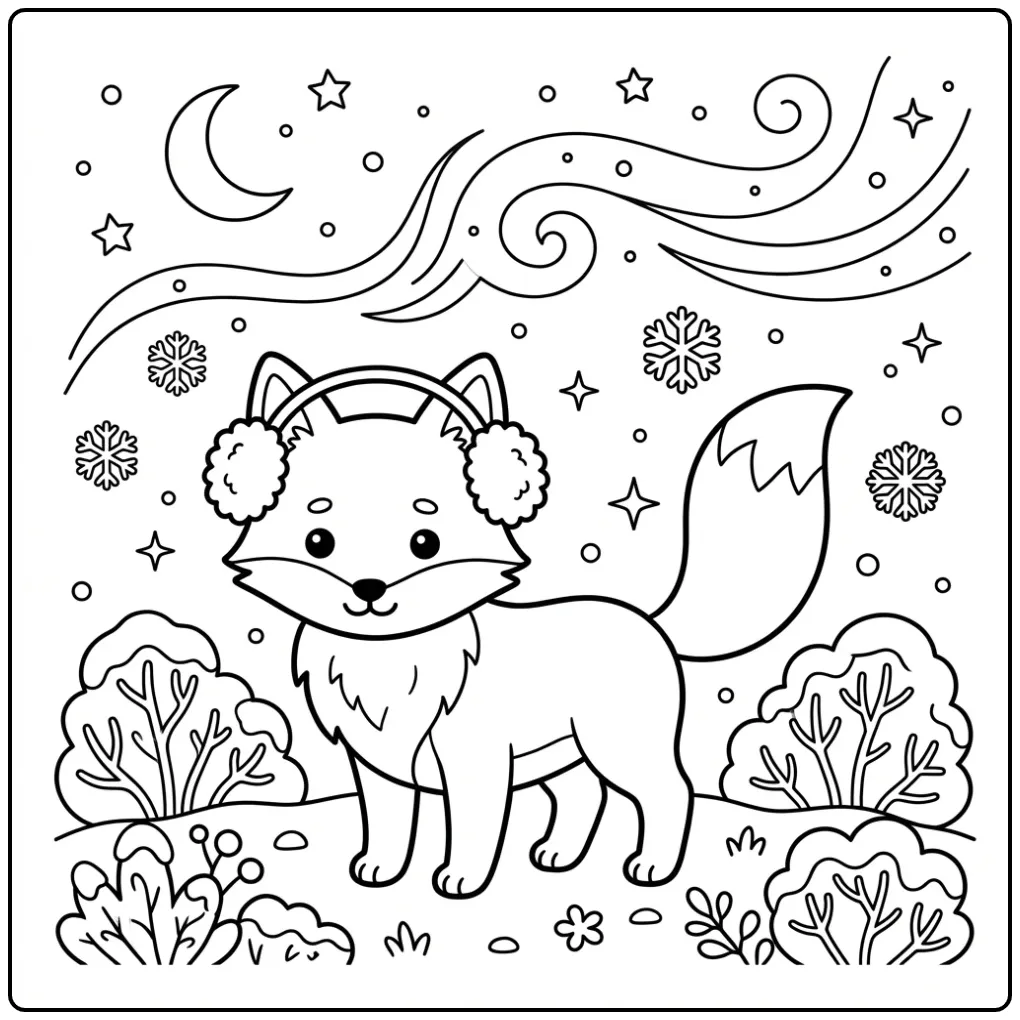 Schattige poolvos kleurplaat met oorwarmers en sterren.