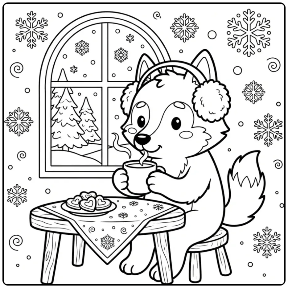 Schattige wolf kleurplaat met warme chocolademelk en sneeuw.