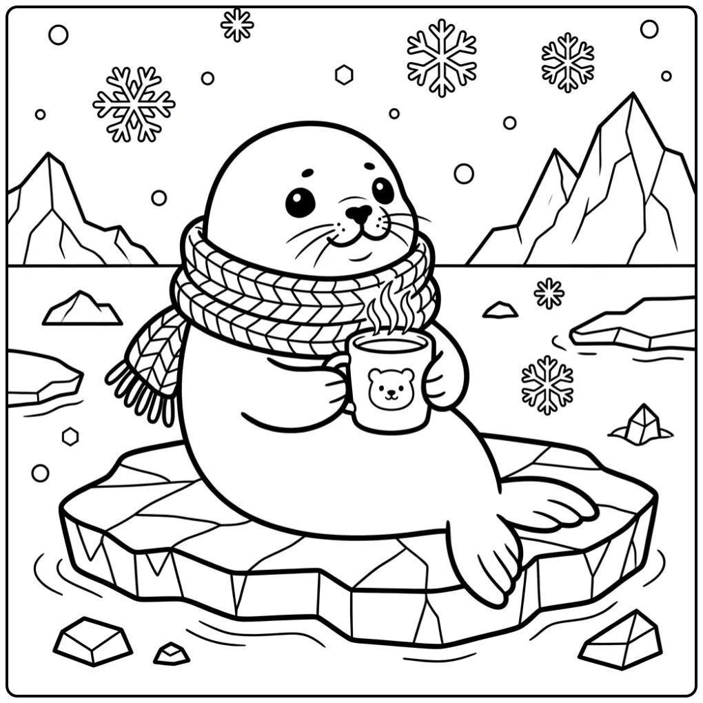 Schattige zeehond kleurplaat met sjaal en warme cacao.