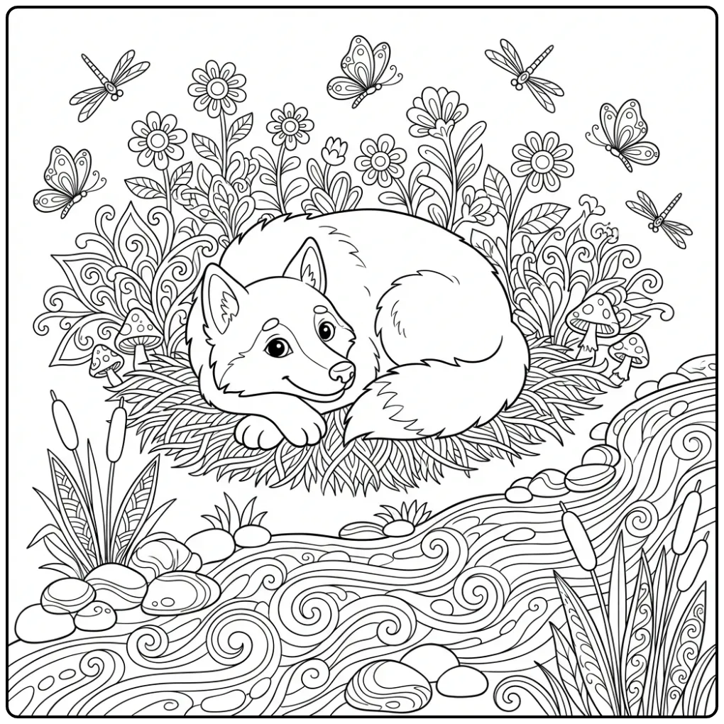 Rustende wolf kleurplaat voor volwassenen aan de rivier.