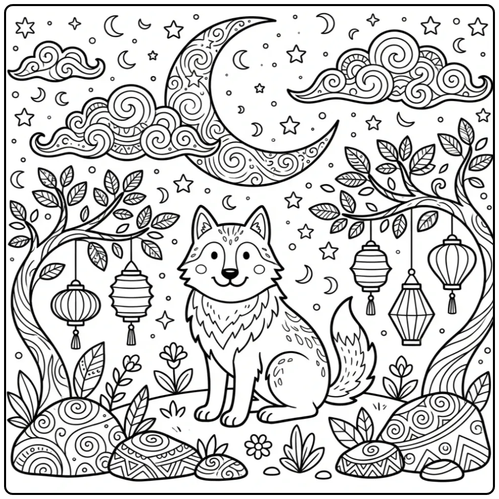 Magische wolf kleurplaat voor volwassenen met sterren.