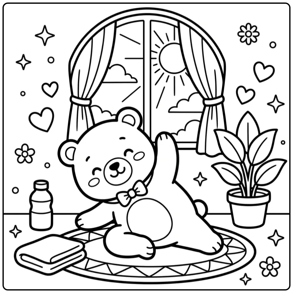 Schattig kleurplaat beertje dat yoga oefeningen doet.