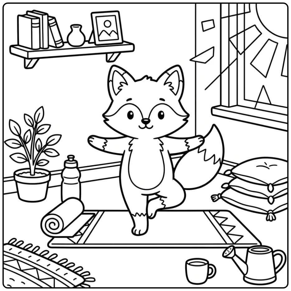 Schattige kleurplaat vos die yoga doet op een mat.