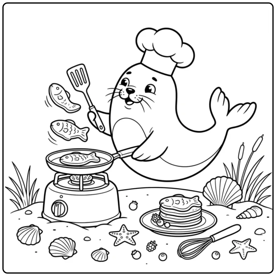 Grappige zeehond kleurplaat als chef die pannenkoeken bakt