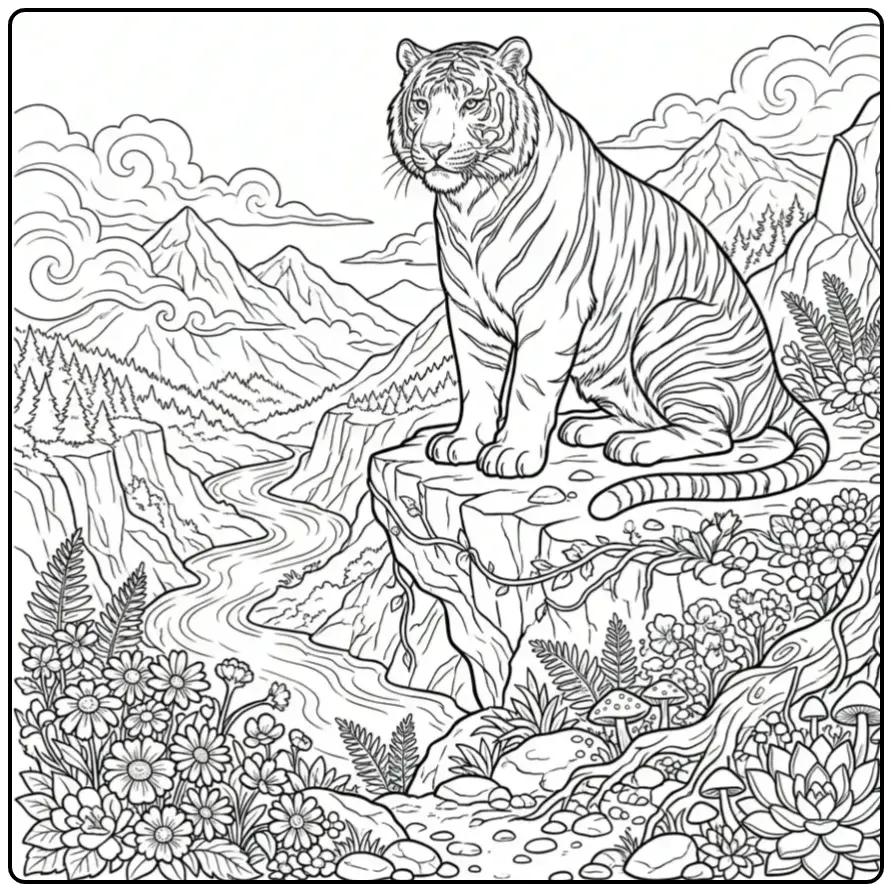Mooie kleurplaat tijger volwassenen met bergen en bloemen.