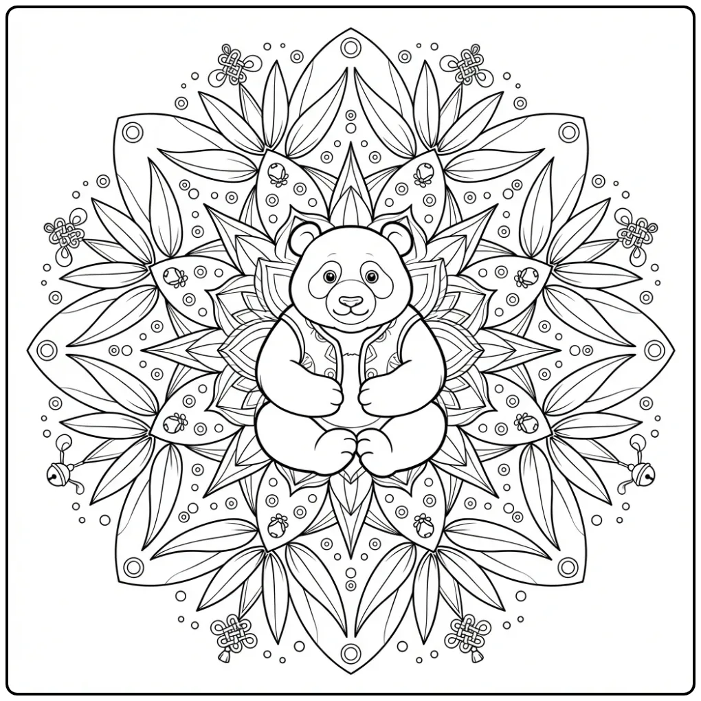 Unieke mandala met een schattige panda kleurplaat.