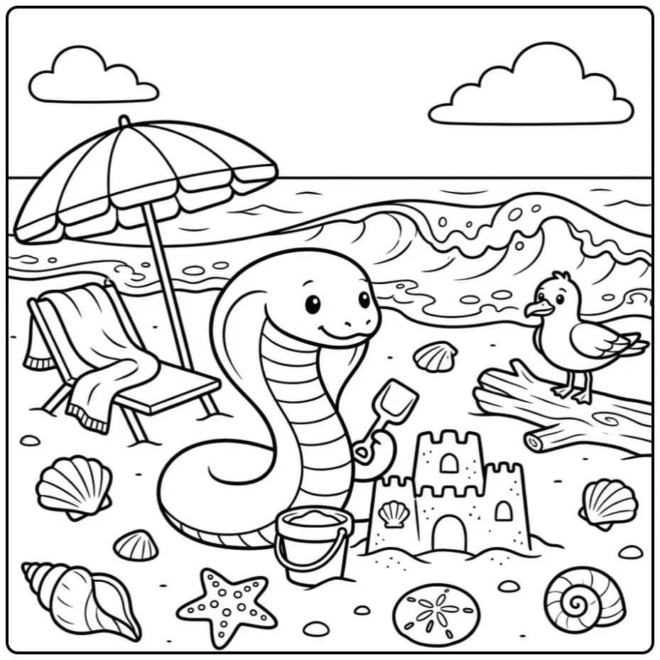 Leuke cobra kleurplaat die een zandkasteel bouwt op het strand.