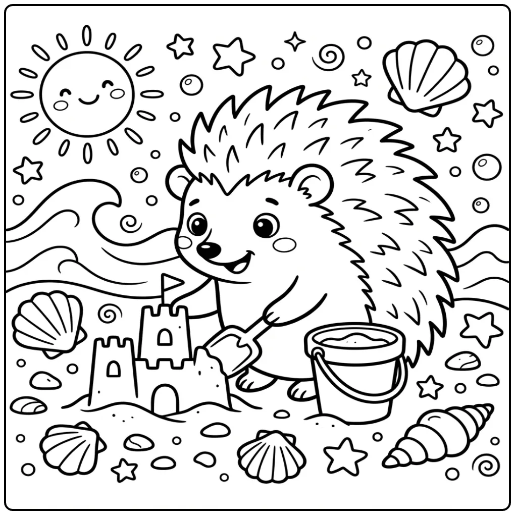Schattige egel kleurplaat bouwt een zandkasteel op het strand.