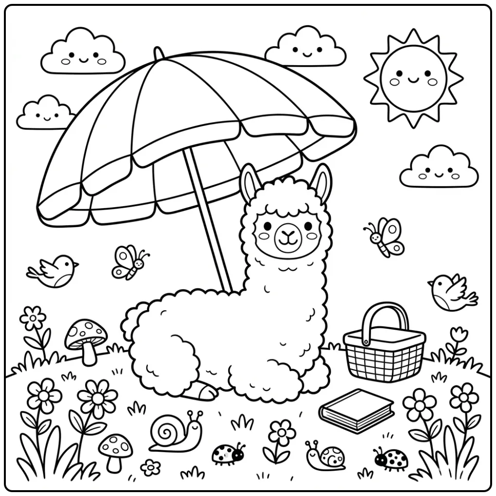 Een schattige kleurplaat alpaca rustend onder een parasol.