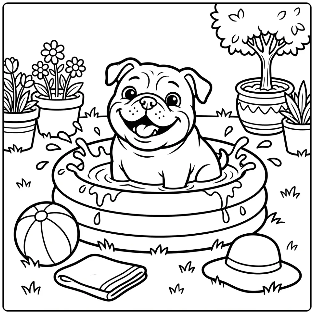 Leuke kleurplaat bulldog spelend in een badje met bal.