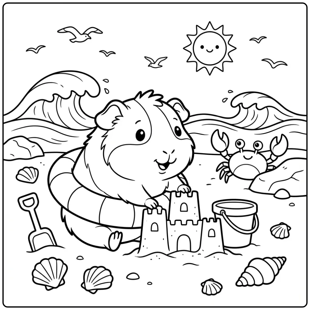 Schattige kleurplaat cavia bouwt een zandkasteel op het strand.