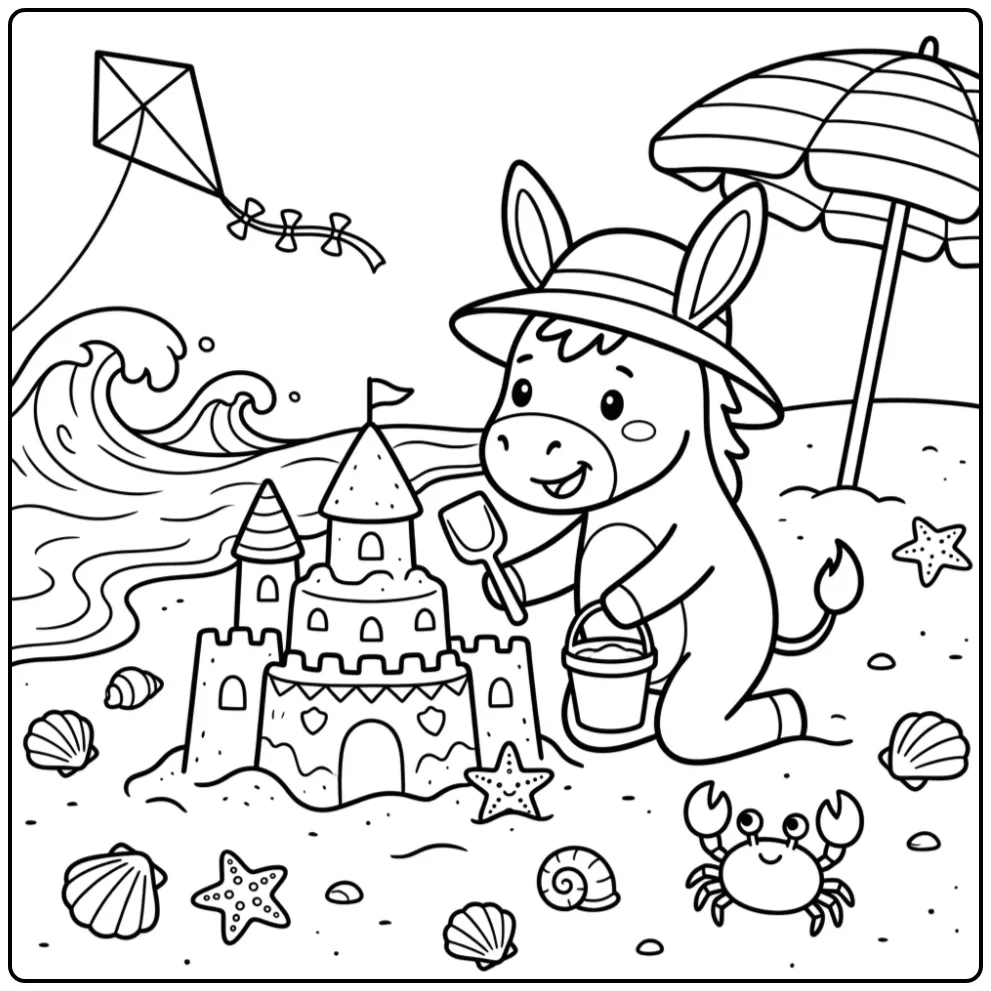 Leuke kleurplaat ezel die een zandkasteel bouwt op het strand.