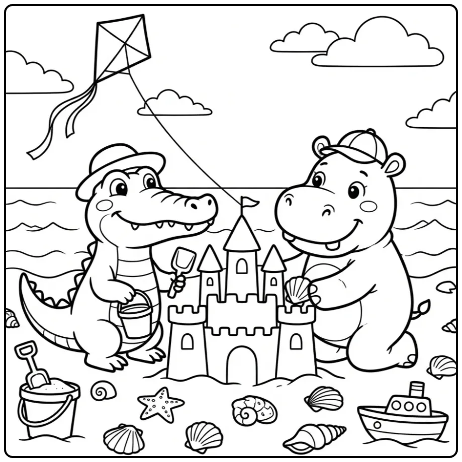 Vrolijke kleurplaat krokodil en nijlpaard met zandkasteel.