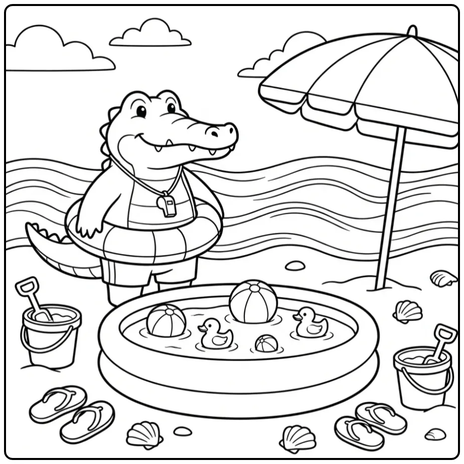 Een leuke kleurplaat krokodil als badmeester bij het zwembad.