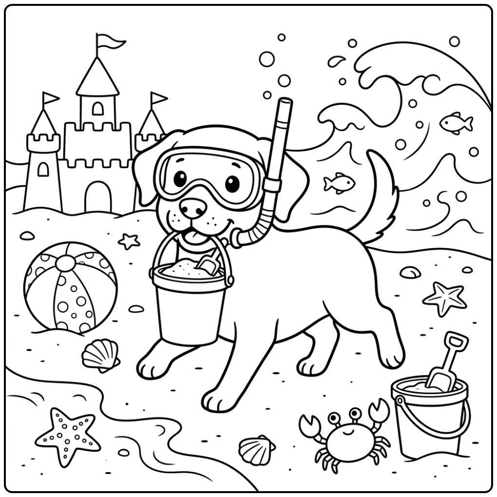 Leuke kleurplaat labrador met snorkel en emmer op het strand.