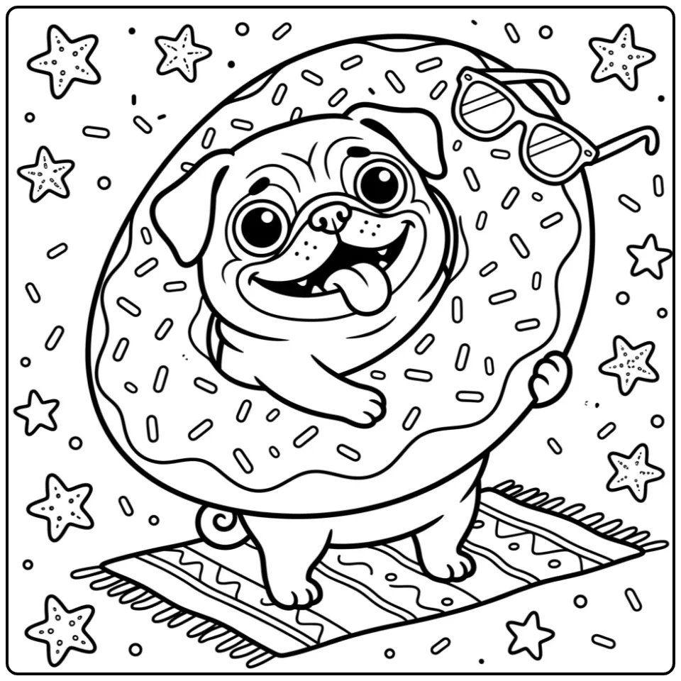 Schattige kleurplaat mopshond met een grote donut zwemband.