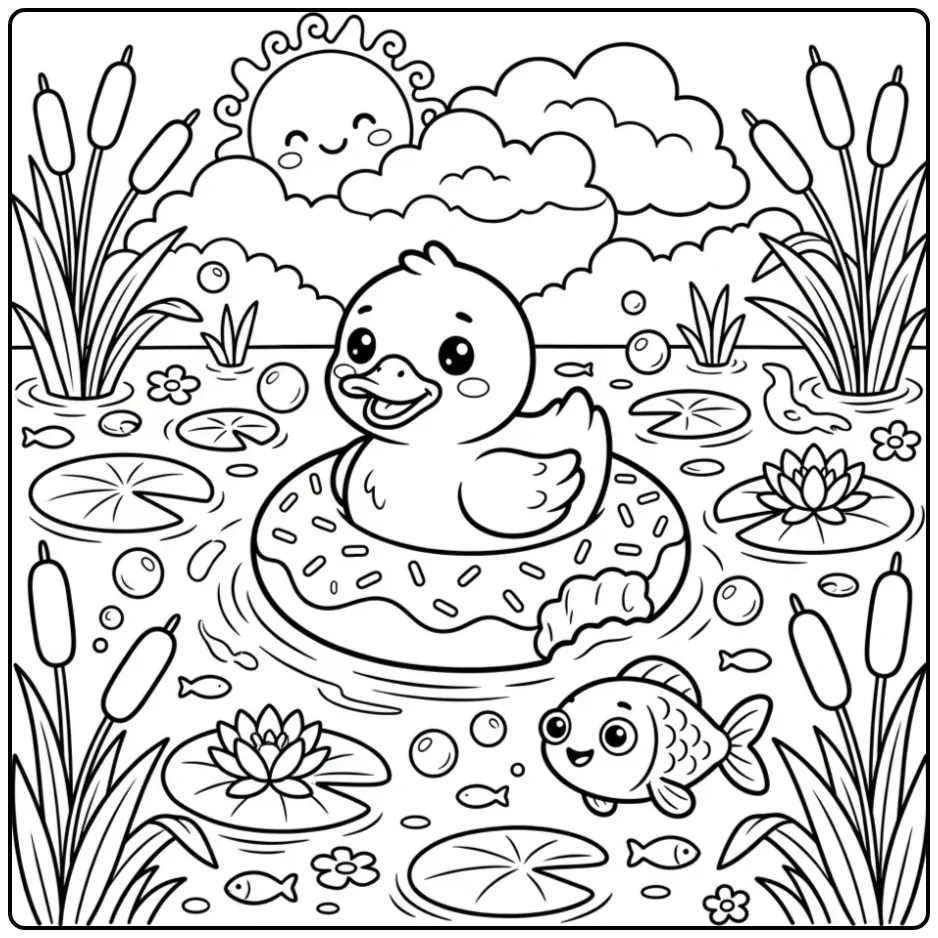 Kleurplaat schattig eendje op een donut zwemband in water.