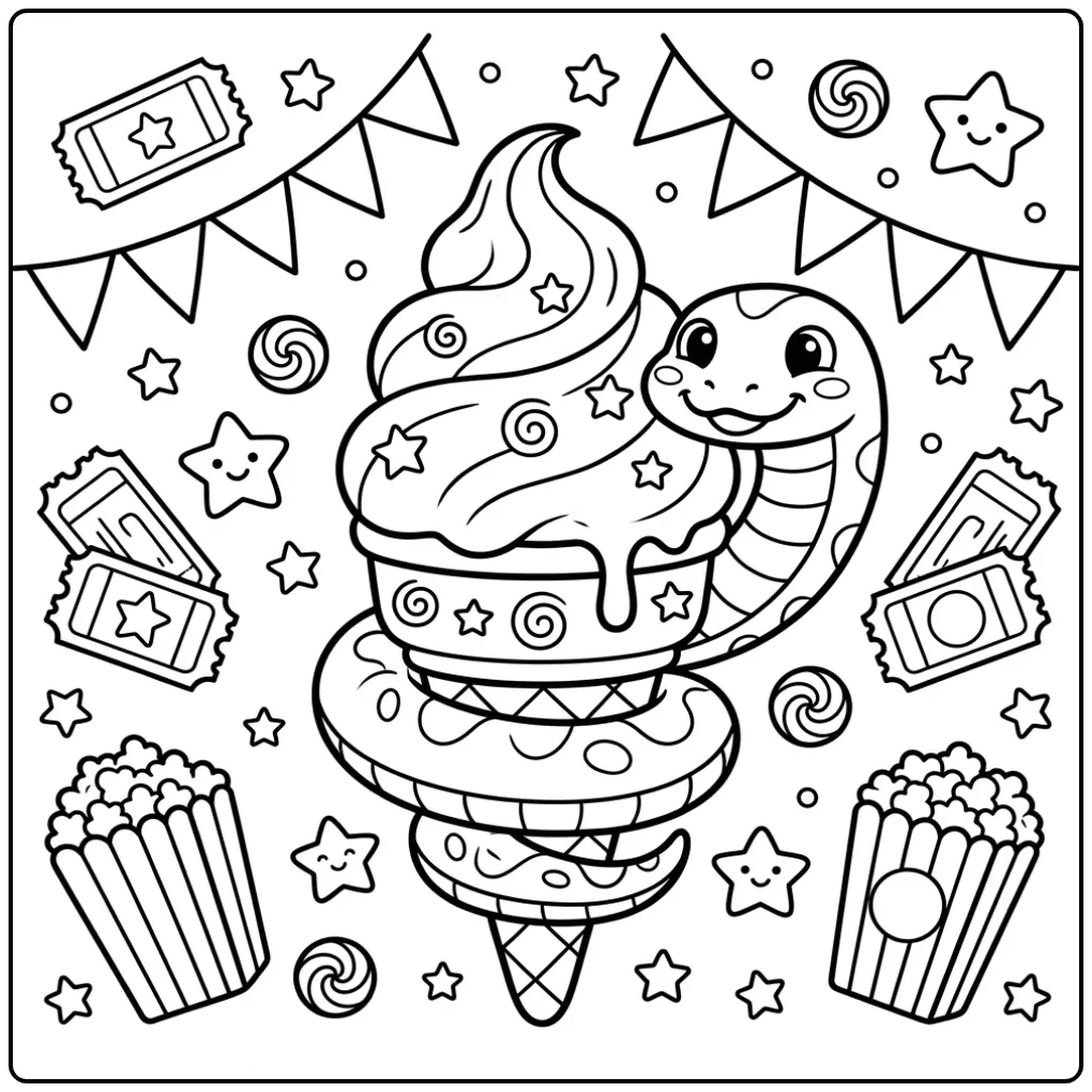 Grappige kleurplaat slang rond een reusachtig ijsje.