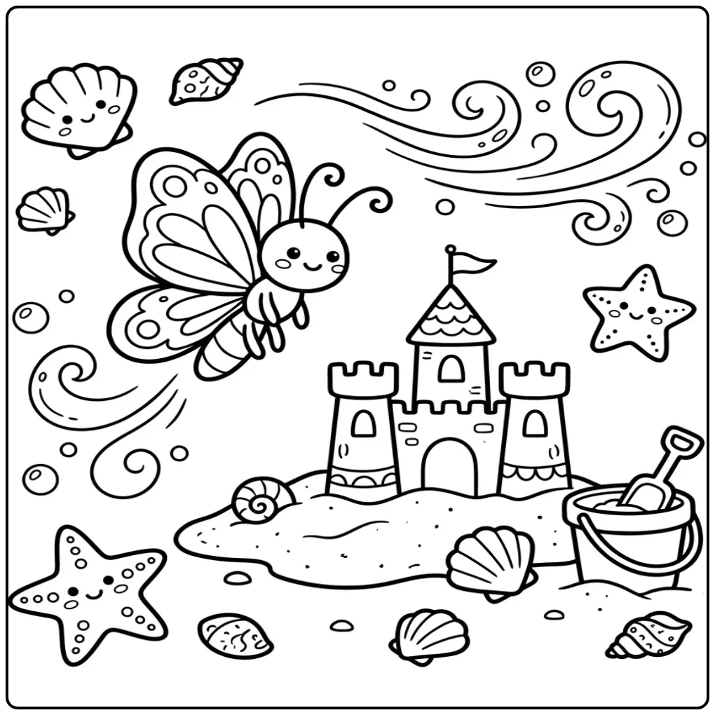 Schattige kleurplaat vlinder vliegt langs een zandkasteel.