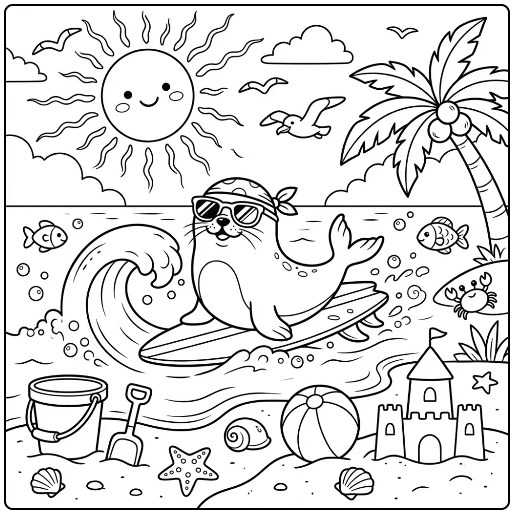 Schattige surfende zeehond kleurplaat op een golf in de zomer