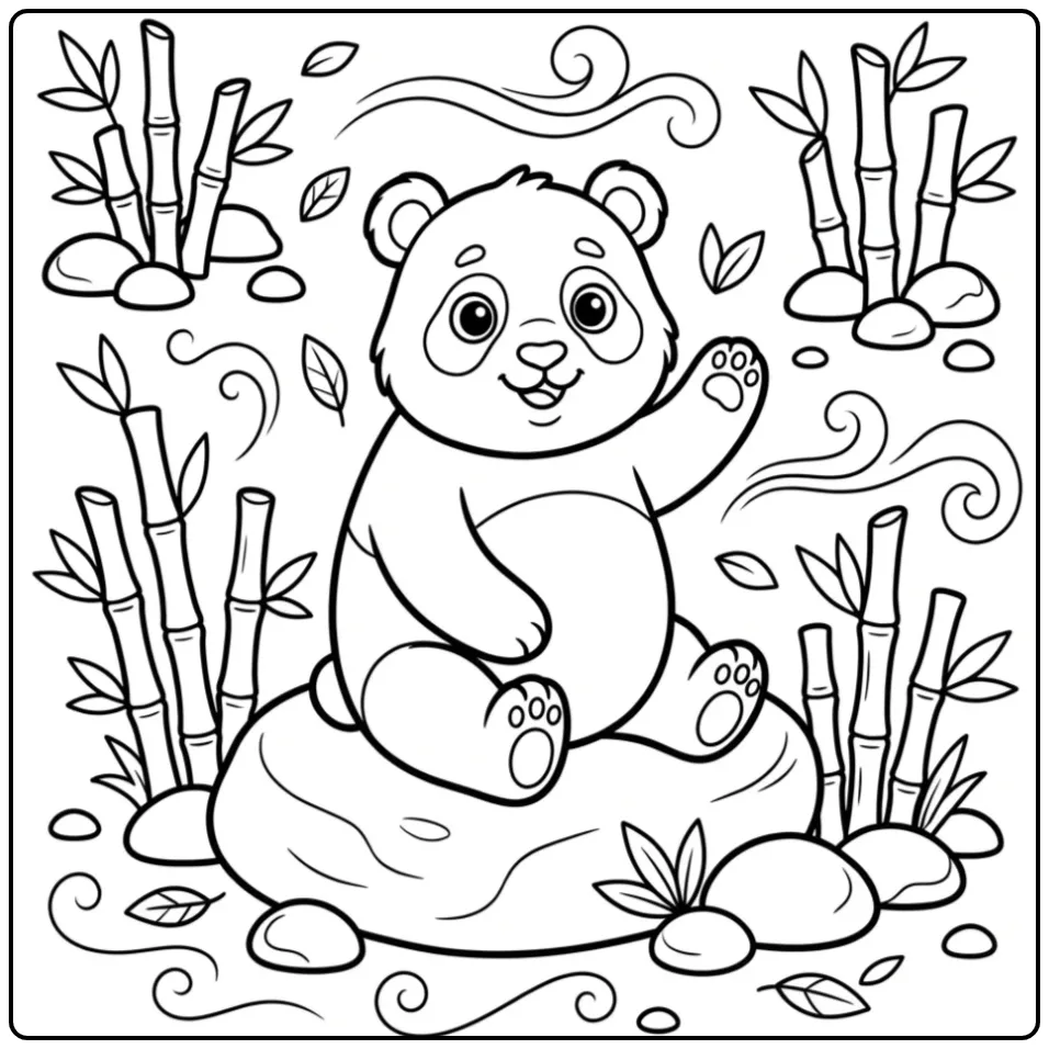 Vrolijke schattige panda kleurplaat die zwaait naar jou.