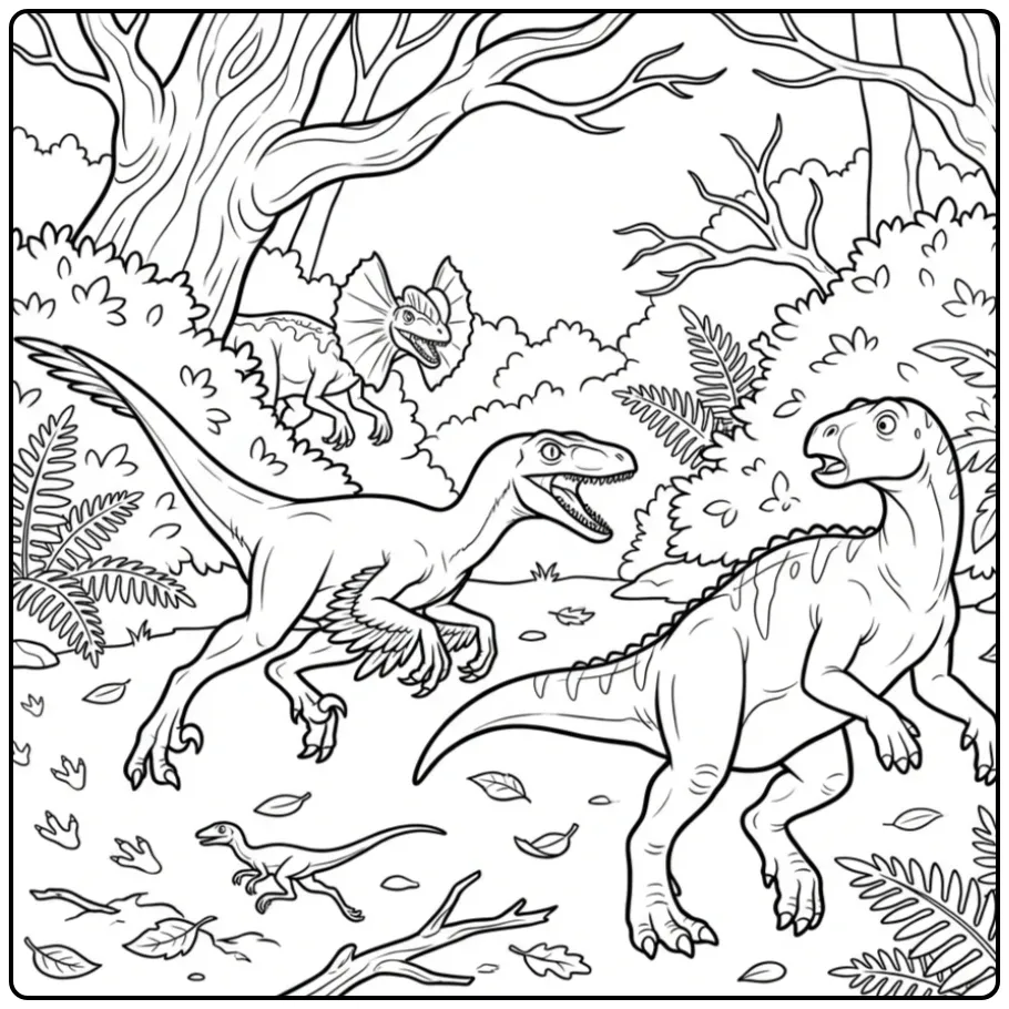 Spannende dino kleurplaat met velociraptors en iguanodon.