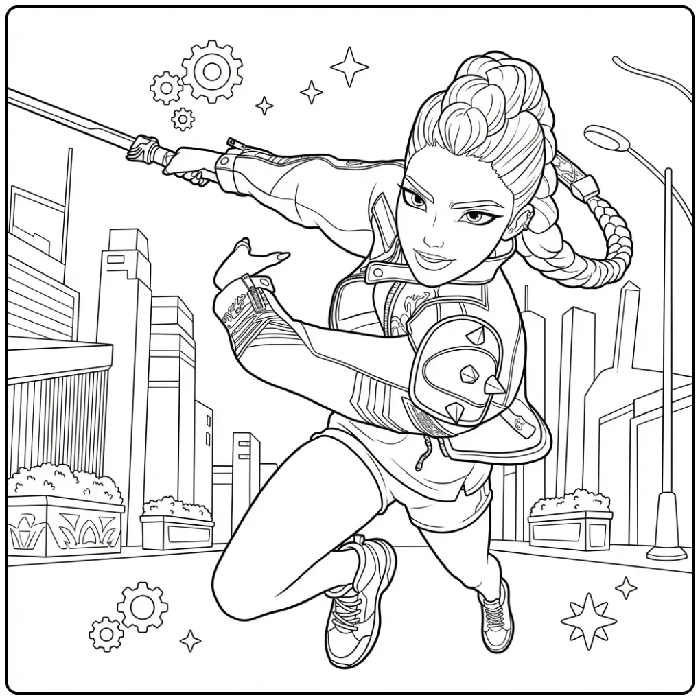 Kleurplaat K-pop Demon Hunters Rumi met zwaard in de stad.
