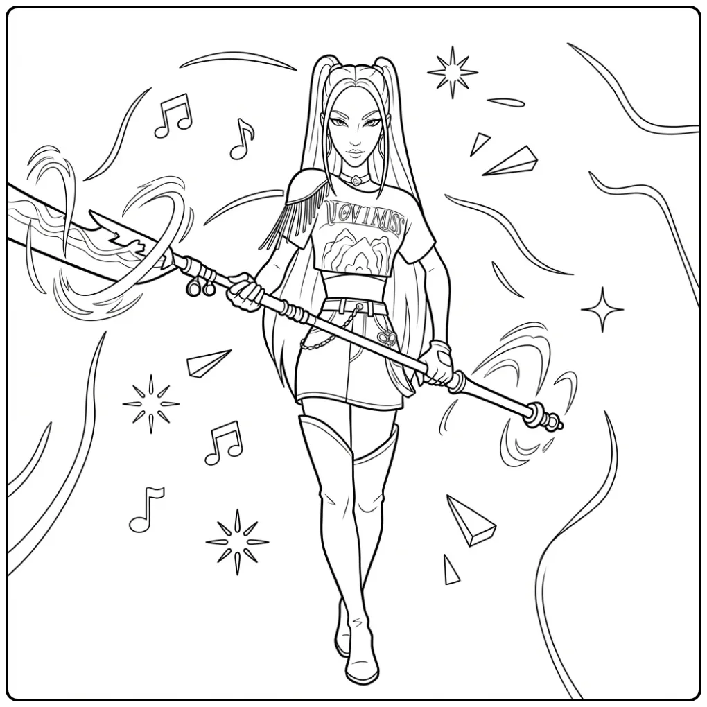 kleurplaat kpop demon hunters mira vechter met groot wapen.