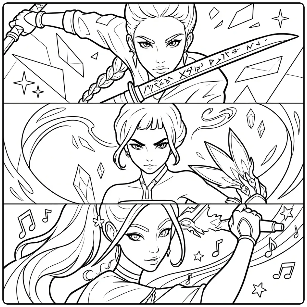 Kleurplaat kpop demon hunters: drie strijders met unieke wapens.