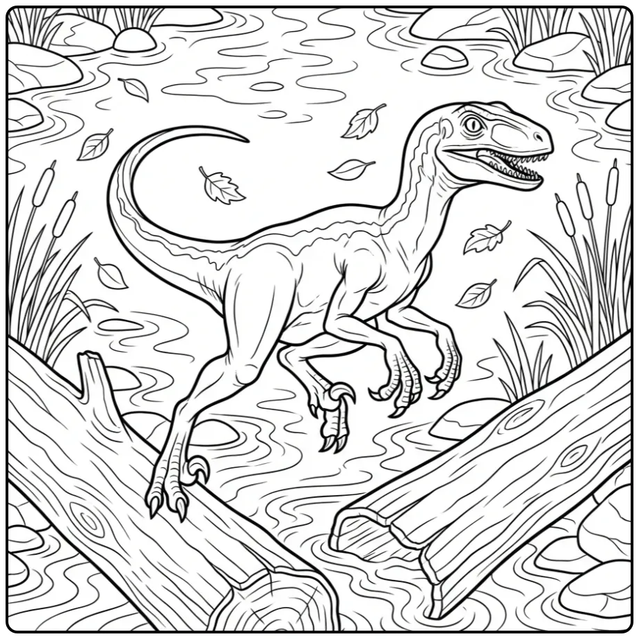 Springende raptor kleurplaat bij een rivier met rotsen.