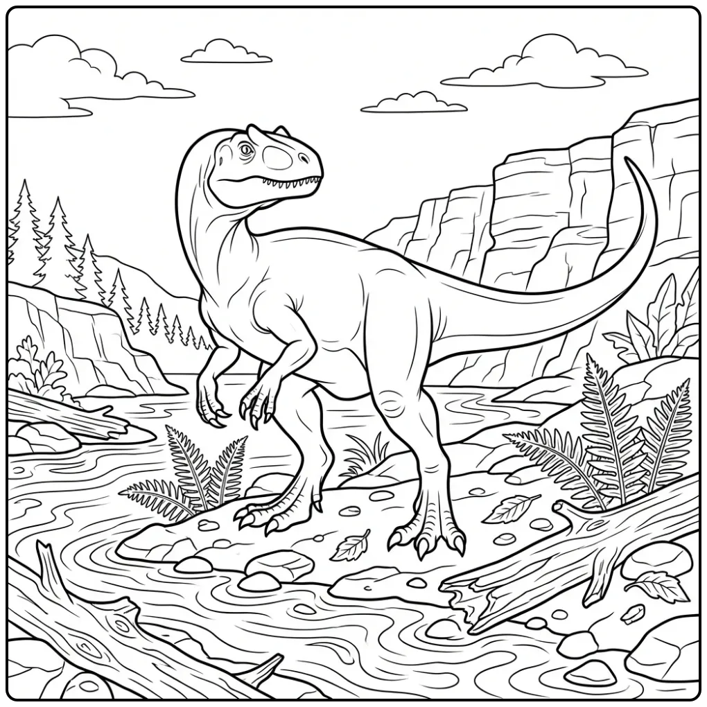 Realistische allosaurus kleurplaat op een rotsachtige oever.