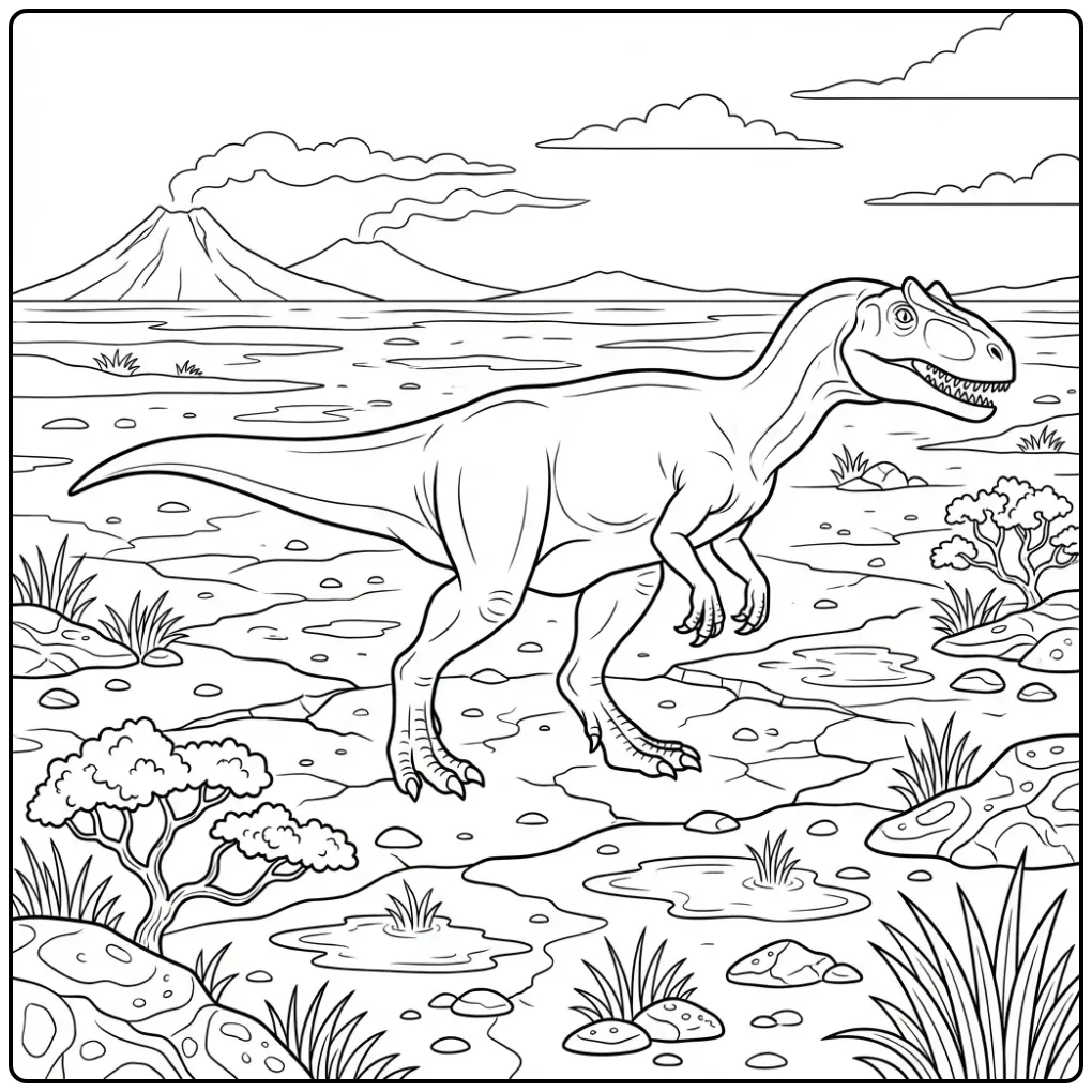 Realistische allosaurus kleurplaat op een open moddervlakte.