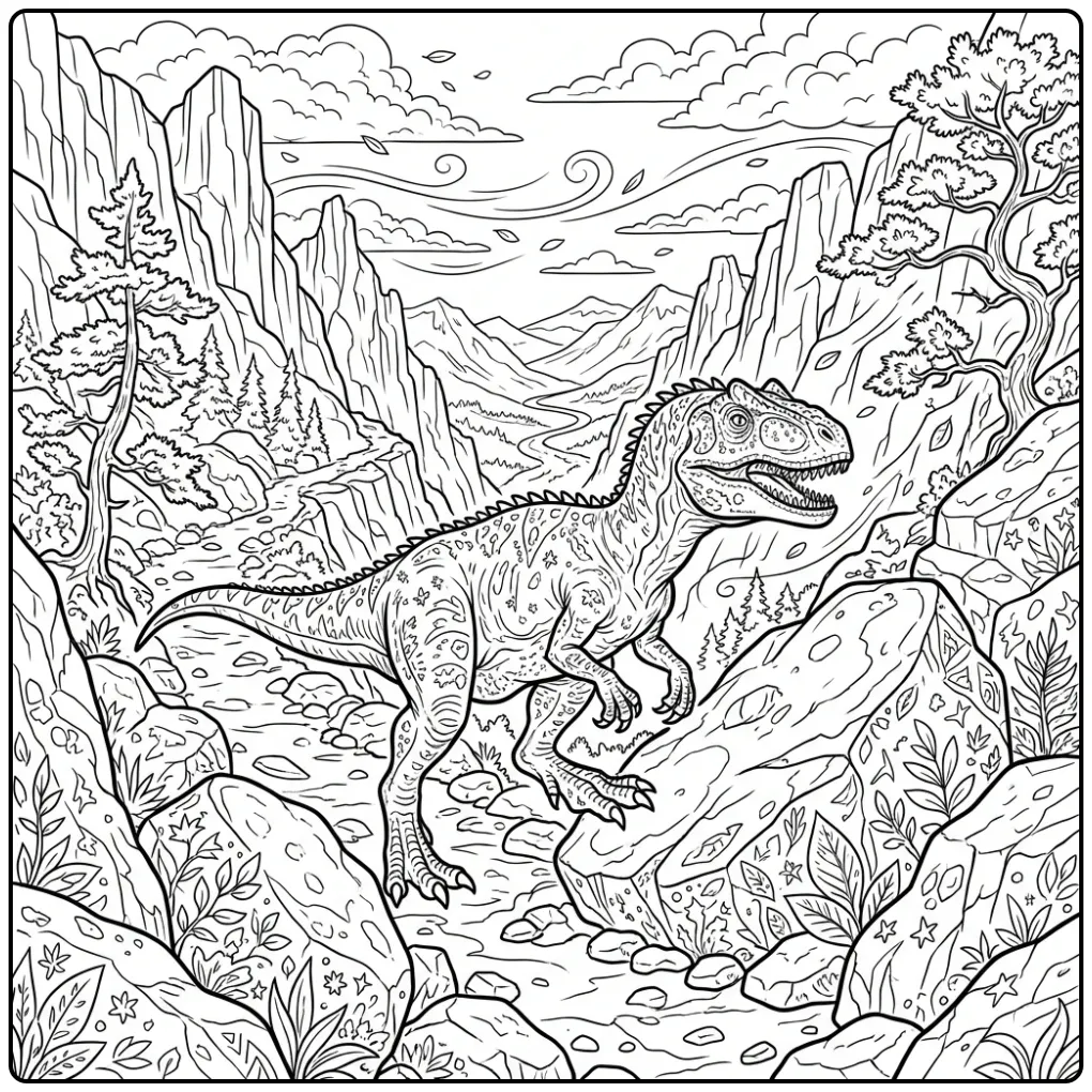 Stoere Allosaurus op bergpad als dino kleurplaat.