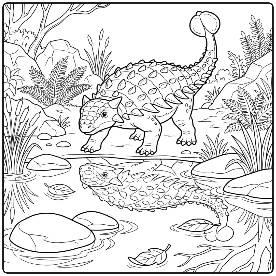 Ankylosaurus kleurplaat met riet en stenen in water.