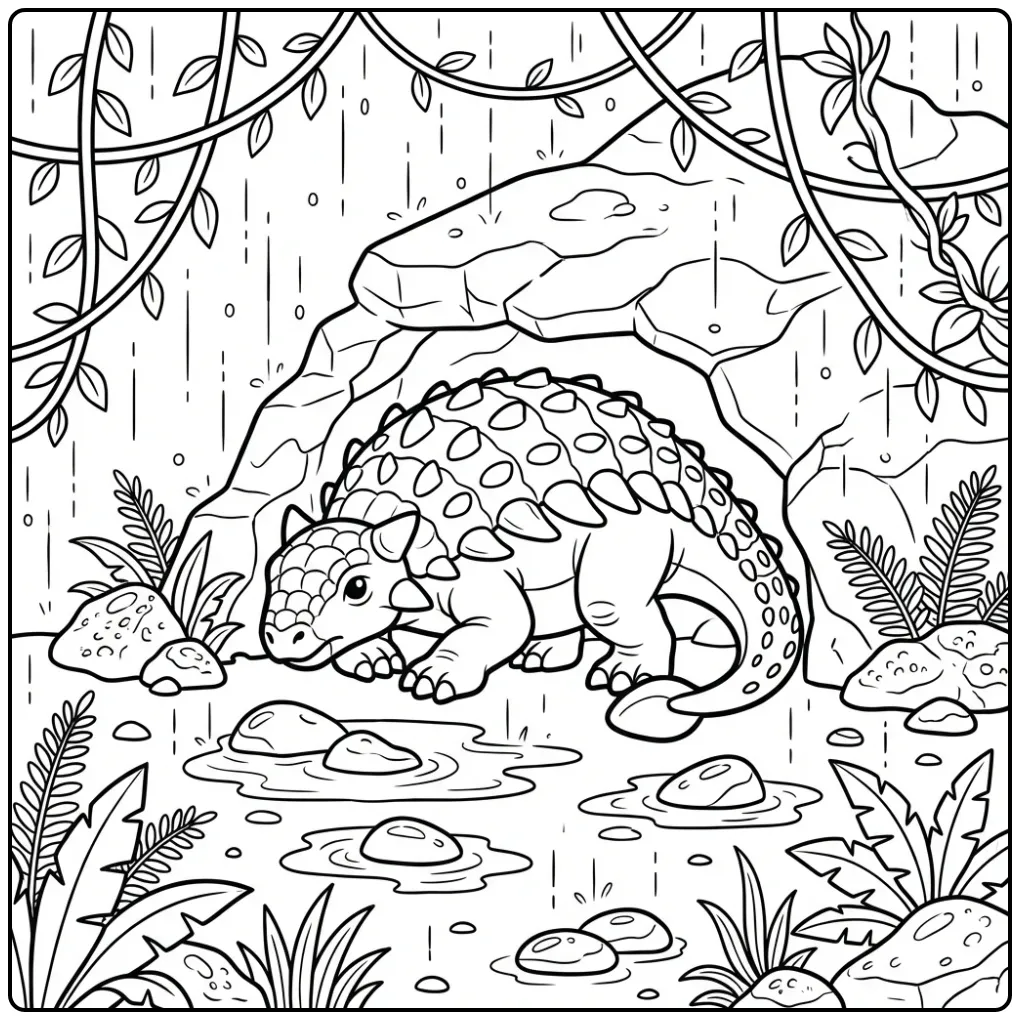 Ankylosaurus kleurplaat schuilend onder een rots in de regen.