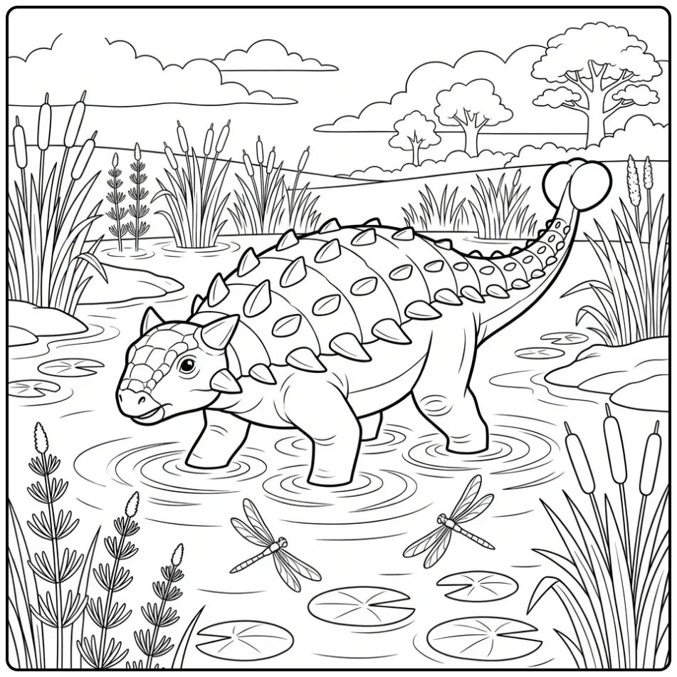Gedetailleerde ankylosaurus kleurplaat in het water.