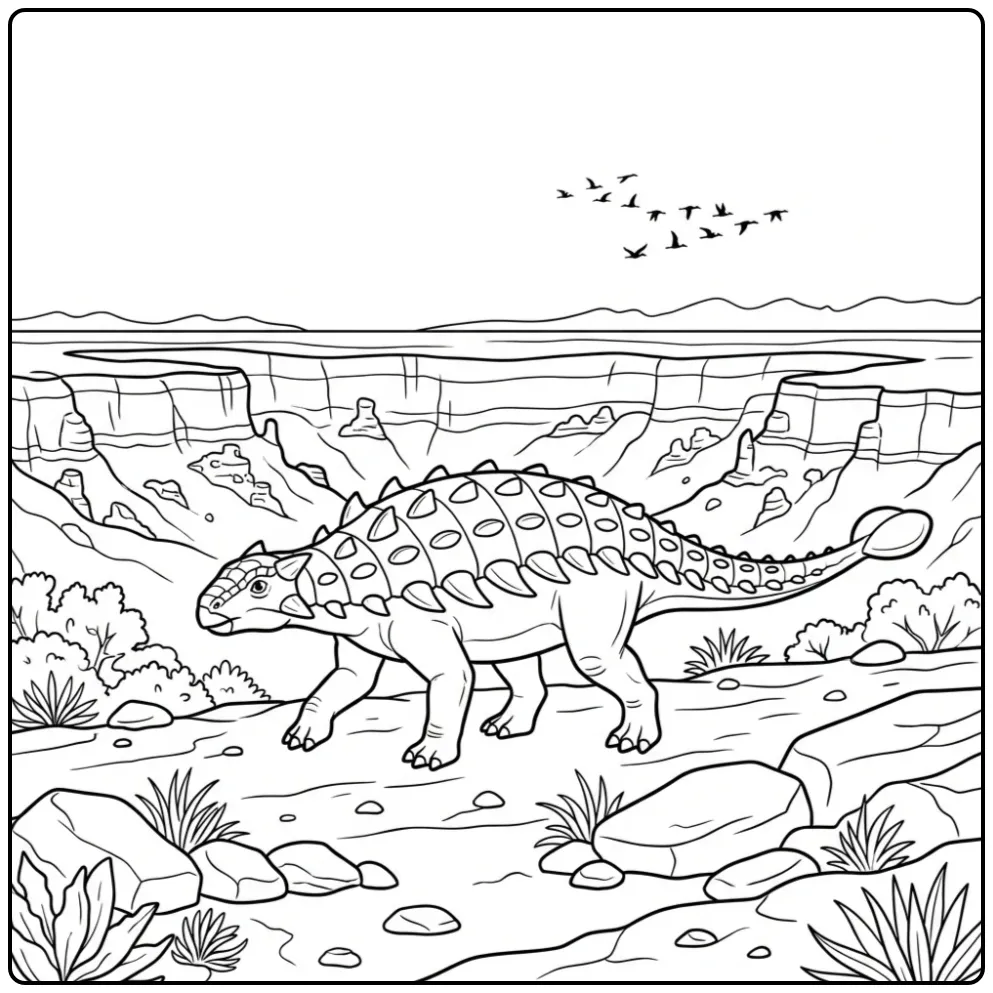 Gedetailleerde ankylosaurus kleurplaat in een rotsachtig ravijn.
