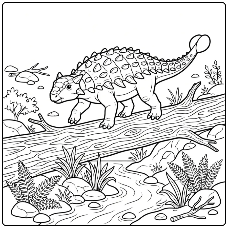 Ankylosaurus kleurplaat steekt een boomstam over.