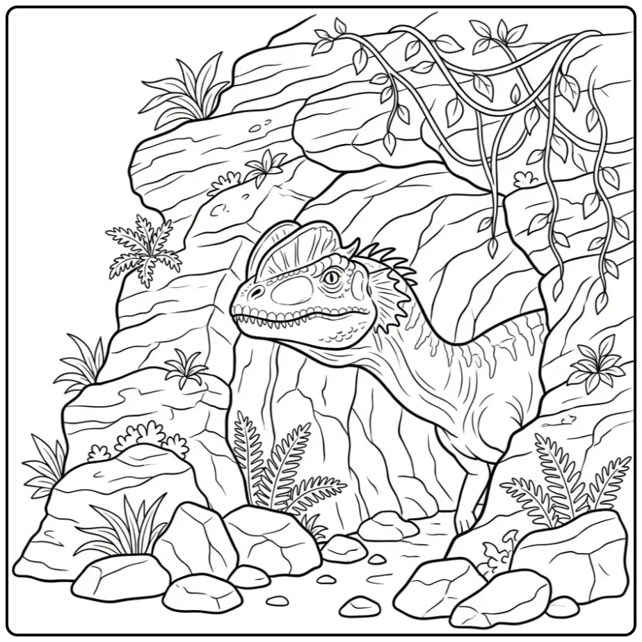 Dilophosaurus kleurplaat die in een rotsholte kijkt.