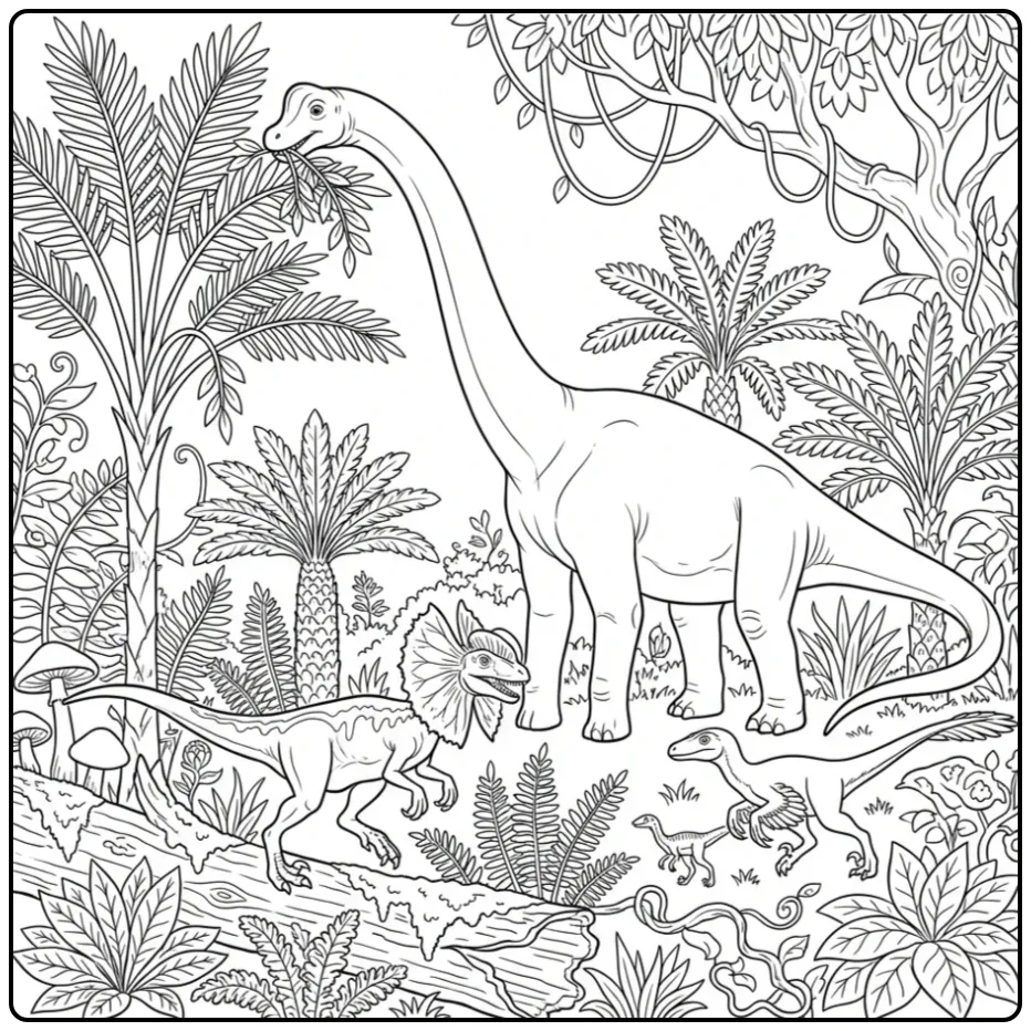 Leuke dino kleurplaat met Brachiosaurus en raptors in het bos.