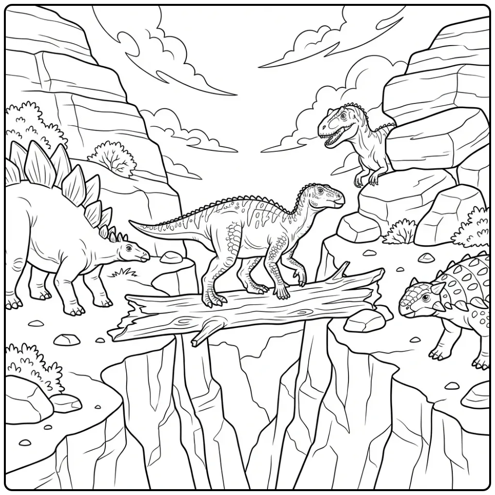 Iguanodon op een boomstam in deze dino kleurplaat.