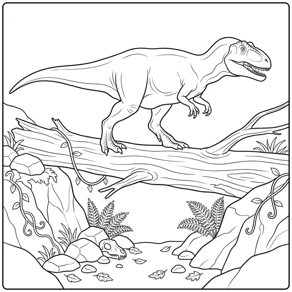 Giganotosaurus kleurplaat op een omgevallen boomstam brug